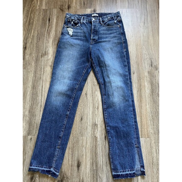 Good American Good Boy High Waisted Split Hem Distressed Jeans Size 6/28 - Picture 1 of 10